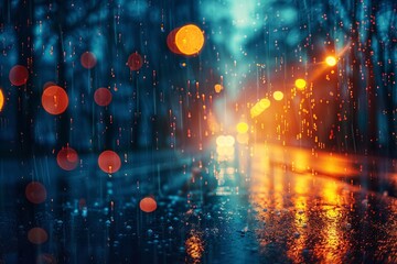 The raindrops dance on the sidewalk, catching the shimmering hues of the city lights before cascading into the darkness of the night. - obrazy, fototapety, plakaty