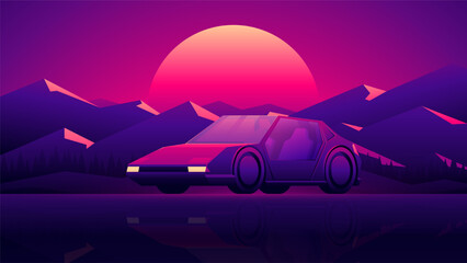 A beautiful car stands on the evening sunset and abstract mountains background.