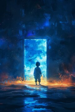 A kid is standing in a dim area, about to open a door illuminated from the inside, portrayed in a digital artistic style, like an illustration painting.