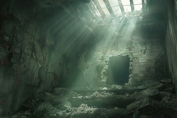 A digital painting of fog inside the mine shaft creates a haunting illustration.