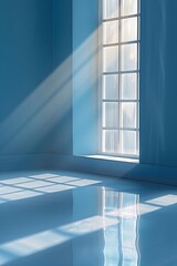 Simple light blue backdrop to showcase products. Sunlight streaming through window illuminating wall and floor.