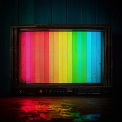 A TV screen displaying a color bars test card for calibration purposes. It includes SMPTE Television Color Test Calibration Bars and a 1Khz Sine Wave graphic for video footage calibration.