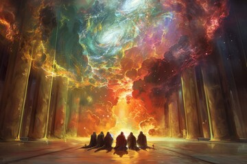 A council of wise aliens, resembling mythical gods, debating in a hall where the walls depict the universes creation in shifting, vivid colors