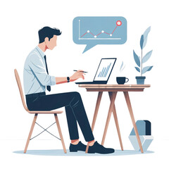 A minimalist illustration of a person working on a laptop at a simple desk, the person is seated, showing a side profile