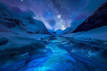 A glacier splits into neonblue rivers, under a single, bright star, polar night, highdefinition, groundlevel angle
