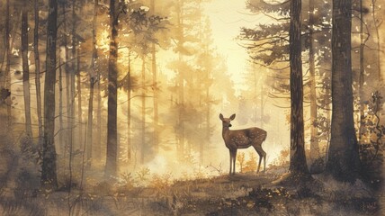 warm-toned watercolor painting of a young deer standing amidst a forest bathed in the soft golden light of sunrise, conveying a sense of tranquility and harmony with nature