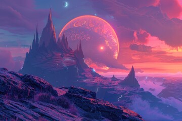 An ancient relic discovered on a forgotten planet, pulsing with a power that transforms the landscape into a living dreamscape, watched over by twin moons - obrazy, fototapety, plakaty