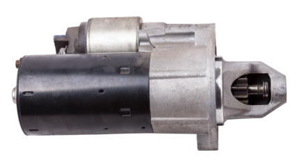 Starter of an internal combustion engine New Spare part for car on a white background. Spare parts catalog.