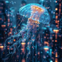 An electric jellyfish, tentacles streaming data, floats through the cybernetic canals of a smart city, illuminating the flow of information