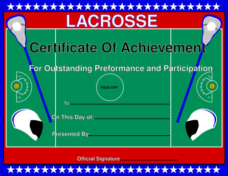 Certificate of achievement in Lacrosse. Player diploma vector template with ball, lacrosse rackets and playing field. Sports team award diploma for participation in tournament. Replaceable text

