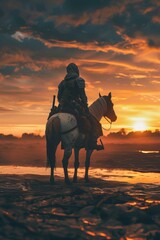 Mercenary in a postapocalyptic wasteland, atop a cybernetic horse, sunset in the background, calm, desaturated, wide shot - obrazy, fototapety, plakaty