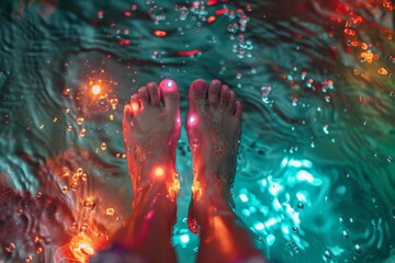 Sparkling ruby light explodes from the feet, against a backdrop of cosmic teal, cool and refreshing - obrazy, fototapety, plakaty
