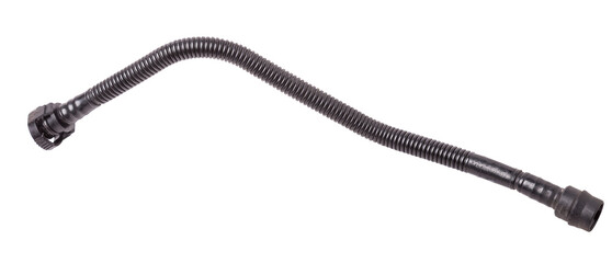 Black rubber hose of the car engine cooling system on a white isolated background in a photo studio for replacement during repair or for a catalog of spare parts for sale on auto disassembly.