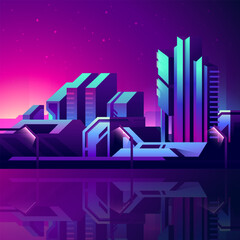 Fototapeta premium Abstract neon skyscraper illustration. Futuristic city at night scene.