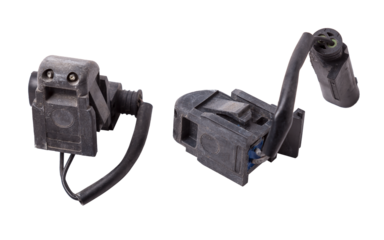 Sale of spare parts during auto-analysis or car repair after an accident and breakdown in service on a white isolated background in a photo studio - a pair of windshield washer nozzles.