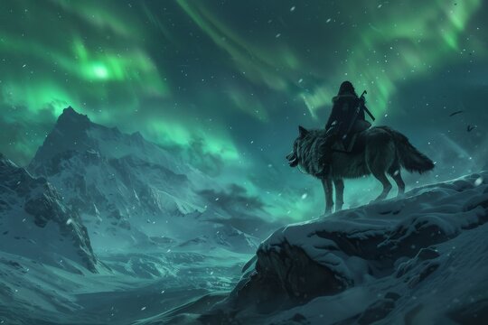 Ranger in a blizzard, atop a dire wolf, auroras overhead, silent snowfall, night, high clarity, closeup