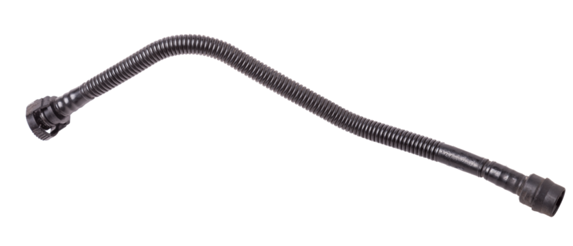 Black rubber hose of the car engine cooling system on a white isolated background in a photo studio for replacement during repair or for a catalog of spare parts for sale on auto disassembly.