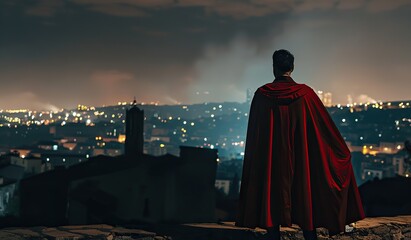 Heroic figure stands above city at night with flowing cape