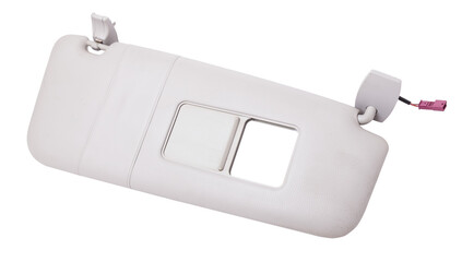 Sun visor with a mirror made of light gray plastic on a white background in a photo studio. Spare part of the car interior for replacement in a car service or for sale on auto dismantling.