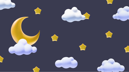 3d yellow crescent in clouds and stars in the sky. Cartoon moon night background. Sleep time, Vector childish illustration