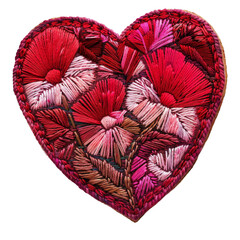 Embroidered floral heart patch in shades of red and pink isolated on transparent background. Romantic and craft concept for fashion and textile design