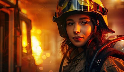 Courageous young female firefighter in action