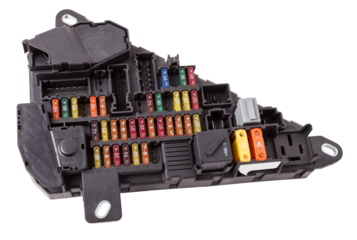 Automotive fuses box in different colors and each color is responsible for the specific value of the protection defined in amperes. Catalog of spare parts.