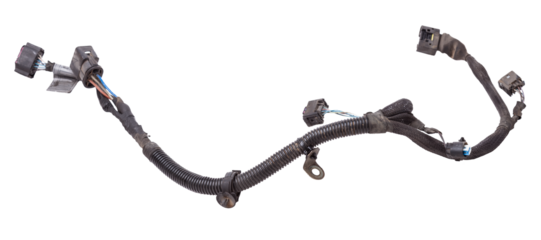 A cable of matted wires of different colors with connectors in the electrical wiring of the car. Internet line in the work of the provider.