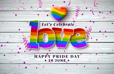Happy Pride Day LGBTQ Illustration with Rainbow Heart and Colorful Cut Out Love Text Label on Vintage Wood Background. 28 June Love is Love Human Rights or Diversity Concept. Vector LGBT Event Banner