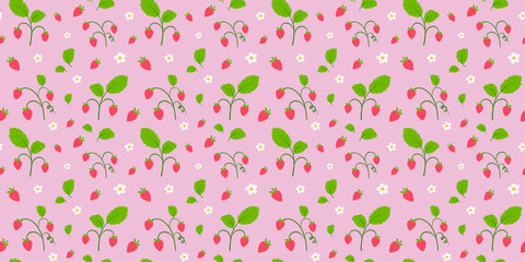 Strawberry pattern with flowers.  Trendy summertime prints with berries, leaves and flowers in hand drawn style.