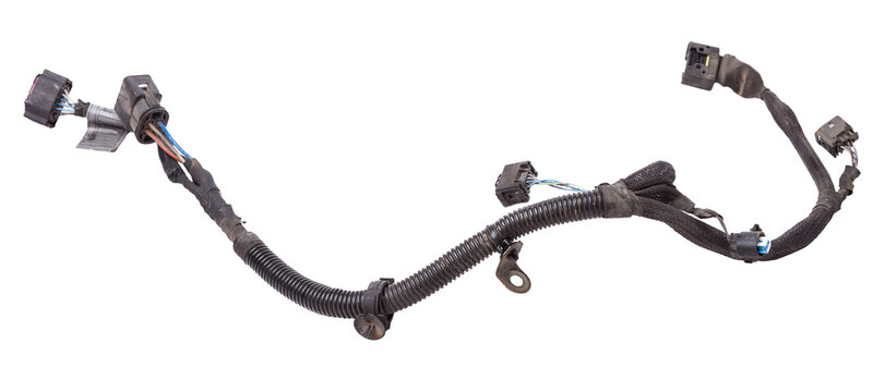 A cable of matted wires of different colors with connectors in the electrical wiring of the car. Internet line in the work of the provider.