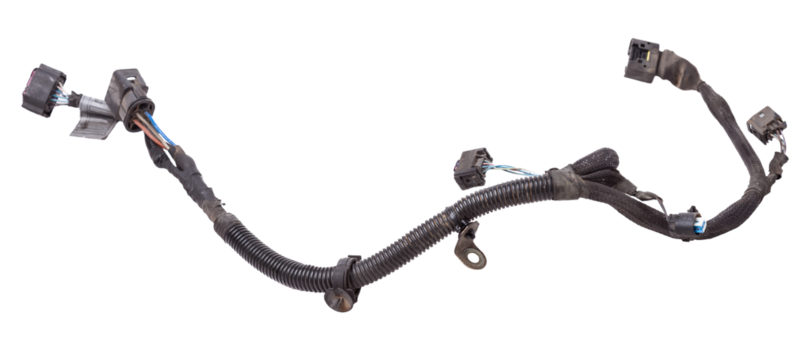 A cable of matted wires of different colors with connectors in the electrical wiring of the car. Internet line in the work of the provider.