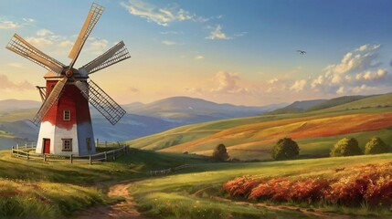 nice alone windmill in the morning time near the valley mountainside greenery and some clouds but almost sunny day 