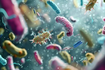 Anti Bacteria Microscopic battle between bacteria and antimicrobial agents in a commercial setting - obrazy, fototapety, plakaty