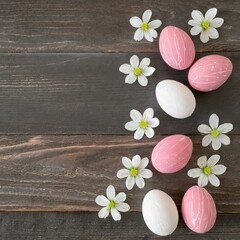 White chalk hand drawn flowers and pink Easter eggs on a chalkboard dark background