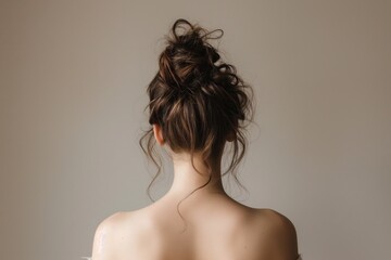 Back view of a woman showcasing a stylish messy bun against a neutral background