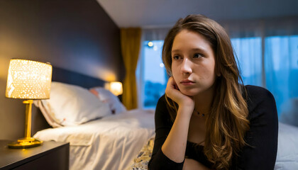 Depressed woman on bedroom at hotel room, high quality photography on digital art concept, Generative AI. - 781443987
