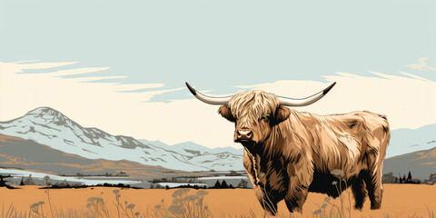 Highland cattle or Hairy Cow on a pasture with snowy mountains in the background. - obrazy, fototapety, plakaty