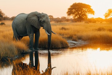 side angle, African elephant standing by waterhole in savanna, reflective water surface, evening,...
