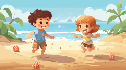 Obraz na płótnie Canvas Illustration of kids playing at the beach 2d flat c