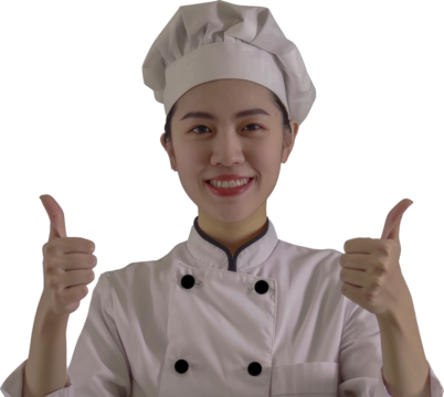 Smiling Asian female chef with double thumbs up cut out png on transparent background