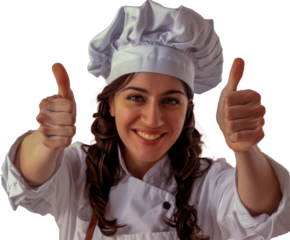 Happy female chef with enthusiastic thumbs up cut out png on transparent background
