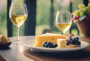 Elegant cheese platter with a variety of cheeses, grapes, and crackers, accompanied by two glasses of white wine, set against a blurred window background. National cheese and wine day.