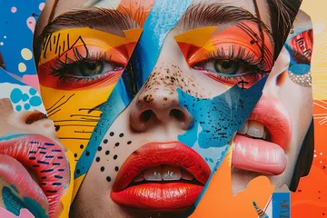 Poster Fashionable Generative AI illustration image female facial collage many colorful elements trend puzzle © deagreez