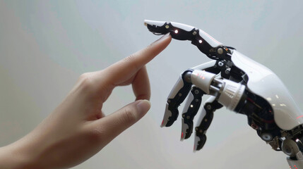 A robot hand is touching a human hand
