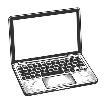 Open laptop computer, showcasing the classic design elements of early portable computers sketch engraving generative ai vector illustration. Scratch board imitation. Black and white image.