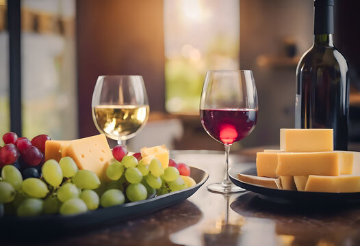 Elegant wine and cheese tasting setup with a bottle of red wine, two glasses, and a platter of assorted cheeses and grapes on a wooden table with soft lighting. National cheese and wine day.