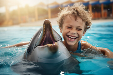 Dolphin performance in dolphinarium aquapark best friends with people swimming together Generative...