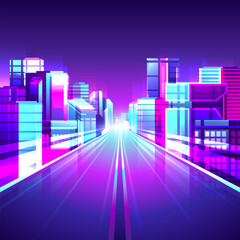 Bright neon city street. Straight night road through business cyberpunk buildings illustration.