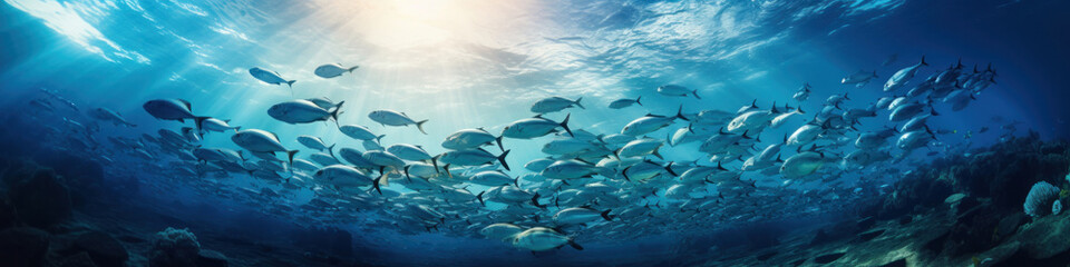 Wide angle view of a large group of fish underwater. A school of fish in the sun's rays. Marine fauna and coral reef.